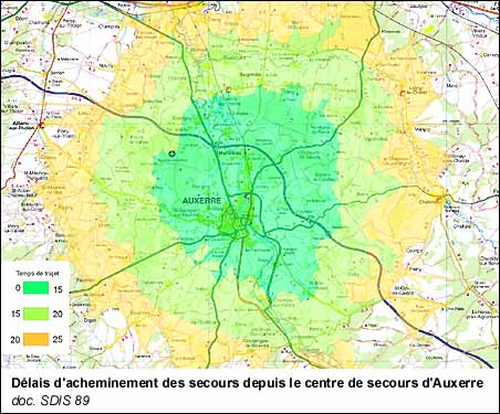 Délais d'acheminement des secours depuis le centre de secours d'Auxerre