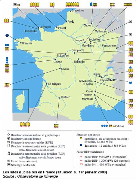 Les sites nucléaires en France (situation au 1er janvier 2008)