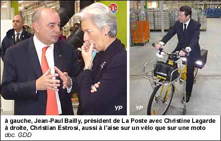à gauche, Jean-Paul Bailly, président de La Poste avec Christine Lagarde<br />à droite, Christian Estrosi, aussi à l'aise sur un vélo que sur une moto
