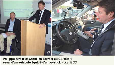 Philippe Streiff et Christian Estrosi au CEREMH - essai d'un véhicule équipé d'un joystick