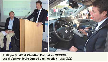 Philippe Streiff et Christian Estrosi au CEREMH - essai d'un véhicule équipé d'un joystick