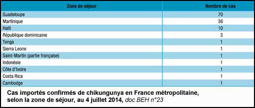 Cas importés confirmés de chikungunya en France métropolitaine, selon la zone de séjour, au 4 juillet 2014 (doc. BEH n° 23)