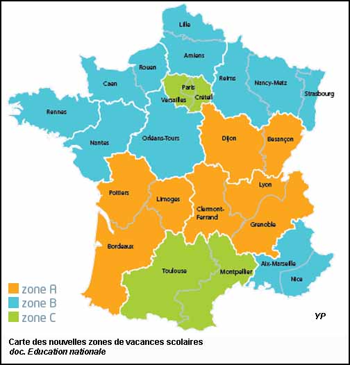 Carte des nouvelles zones de vacances scolaires (doc. GDD / Education Nationale)