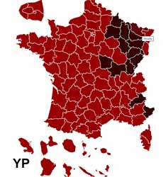Carte du couvre-feu - en noir les départements à 18h00 (8/01/2021) 